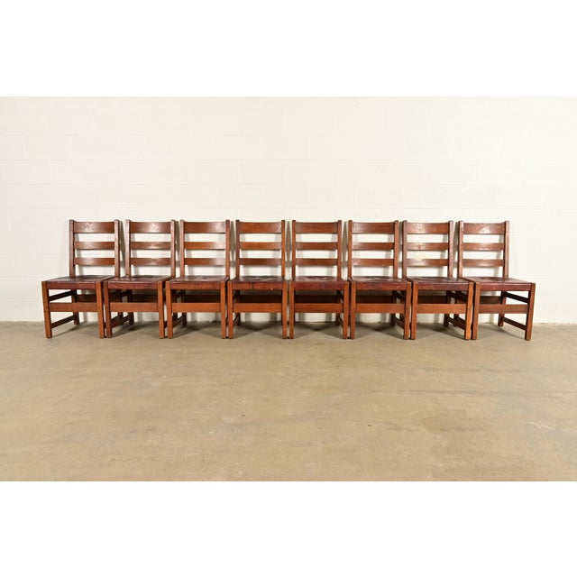 Mission L. & J. G. Stickley Antique Mission Oak Arts & Crafts Ladder Back Dining Chairs | Set of Eight For Sale - Image 3 of 15