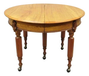 Antique English Victorian Oak & Elm Wood Round Extension Dining Table W 3 Leaves