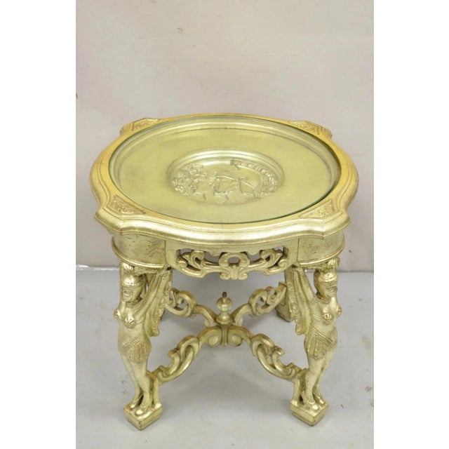 Hollywood Regency Vintage Art Deco Carved Female Dancer Silver Gold Round Coffee Side Table For Sale - Image 3 of 12