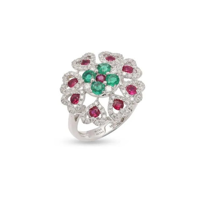 Solid 14k Gold Ruby Emerald and Pave Set Diamond Bohemian Chic Flower Ring Size 11 For Sale - Image 4 of 7