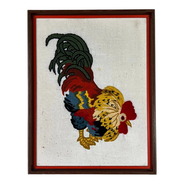 70's Vintage Hand Embroidery Rooster Wall Art For Sale