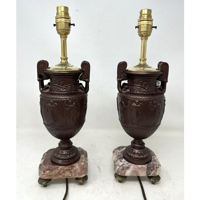 Antique Pair French Bronzed Townley Pair Table Lamps Rouge Marble Grand Tour 19c For Sale - Image 10 of 11