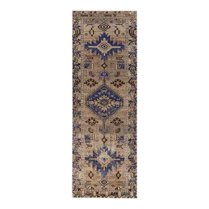 Vintage Distressed Brown Geometric Wool Runner