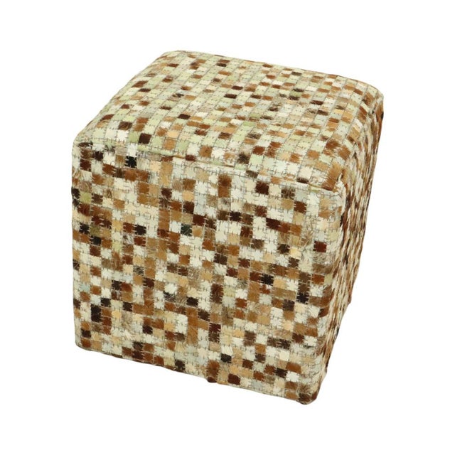 Beige Vintage Square Goat Leather Patchwork Ottoman, 1970s For Sale - Image 8 of 13