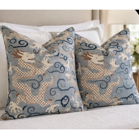A fabulous pair of custom 22" x 22" designer pillows featuring a dramatic chinoiserie-inspired dragon textile. The fabric...