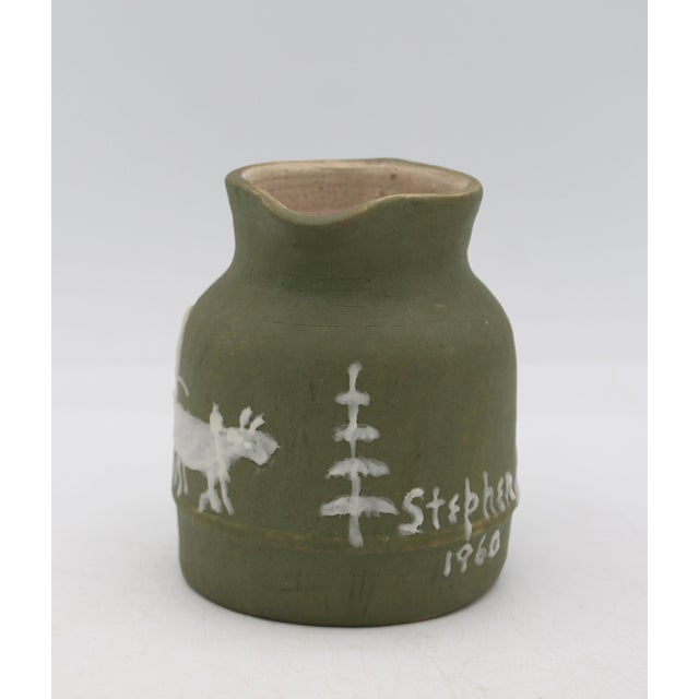 Cameo decorated pottery small pitcher by Walter Stephen, 1960, NC. Signed on side "Stephen 1960" & underneath "Cameo,...