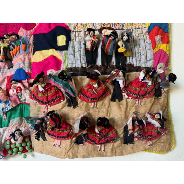 Textile Vintage " Orange Harvest - Landscape " Peruvian Folk Art Hand Embroidery Wall Tapestry For Sale - Image 7 of 12