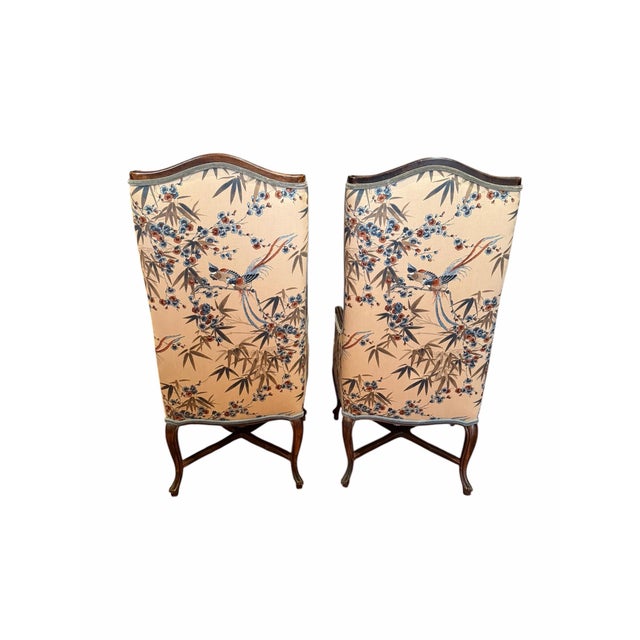 Century Furniture Pair of Vintage Century Furniture Chinoiserie Bergère Wing Chairs With Bird & Bamboo Upholstery For Sale - Image 4 of 10