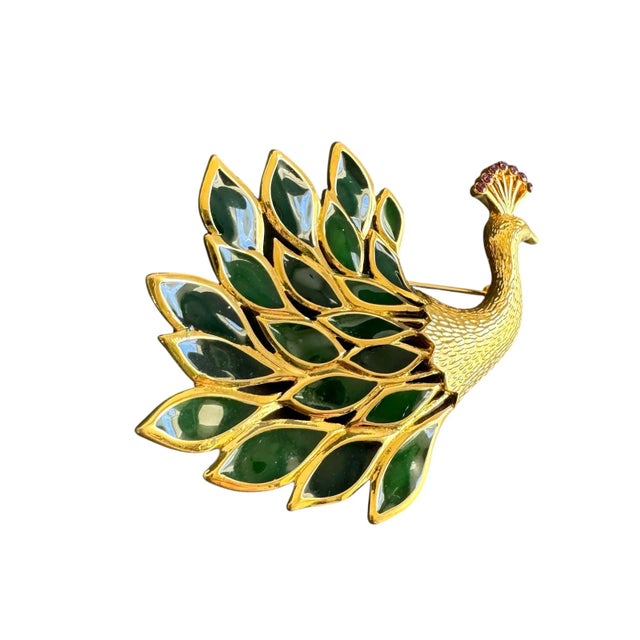 Trifari Peacock Brooch Gripoix Plique a Jour Stained Glass Bird Rhinestone Pin Signed For Sale - Image 9 of 9