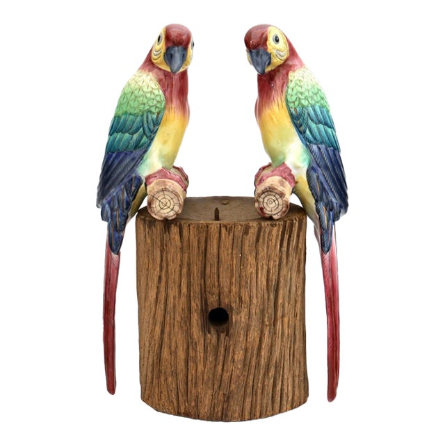 Faience Parrot Candle / Planter Decor Set For Sale