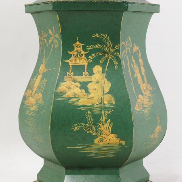 Metal Vintage Green and Gold Hand Painted Tole Scalloped Hexagon Table Lamp Chinoiserie Temple Shape Pagoda Scene For Sale - Image 7 of 15