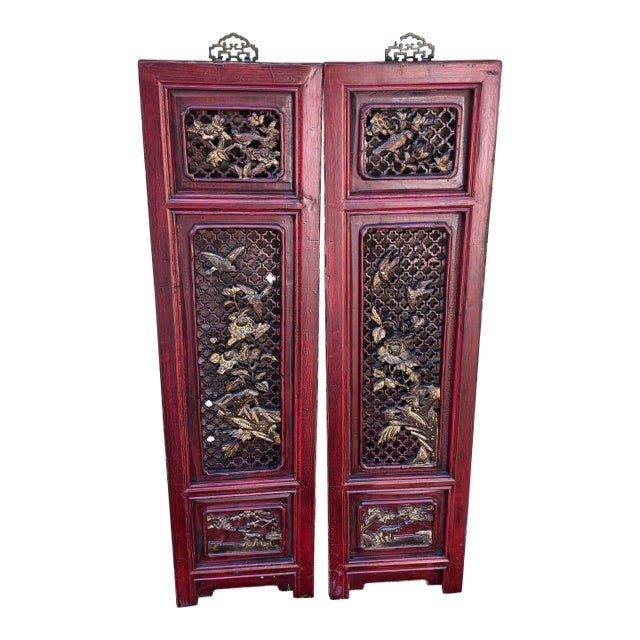 1875 Chinese Red Intricate Wooden Carved Door Panels in Gold, a Pair For Sale