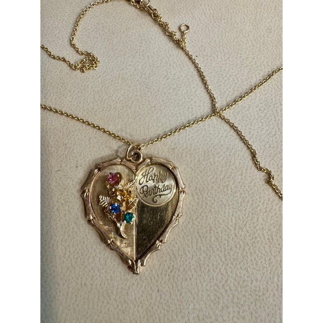 Vintage 14 Kt Y Gold Heart Happy Birthday Pendant + Emerald + Sapphire + Chain For Sale - Image 4 of 18
