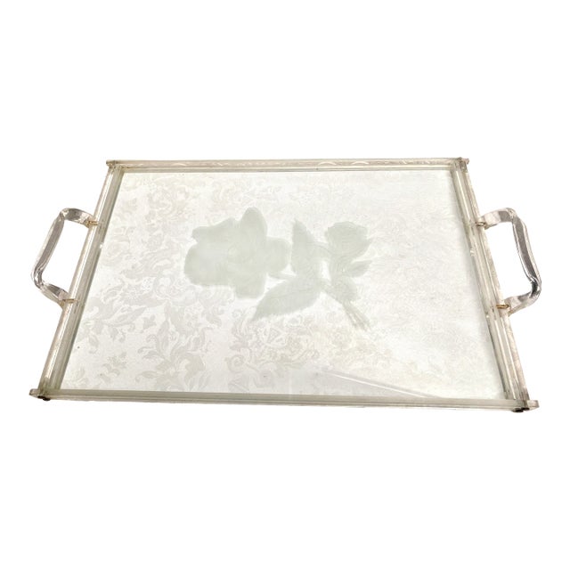 1960s Dorothy Thorpe Attributed Mid-Century Etched Roses Glass and Lucite Tray For Sale