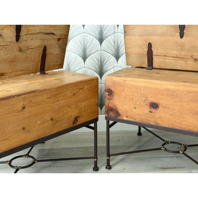 Vintage Rustic Mexican Pine Wood and Wrought Iron and Brass Storage Trunk Chest Side Tables - A Pair For Sale - Image 12 of 15