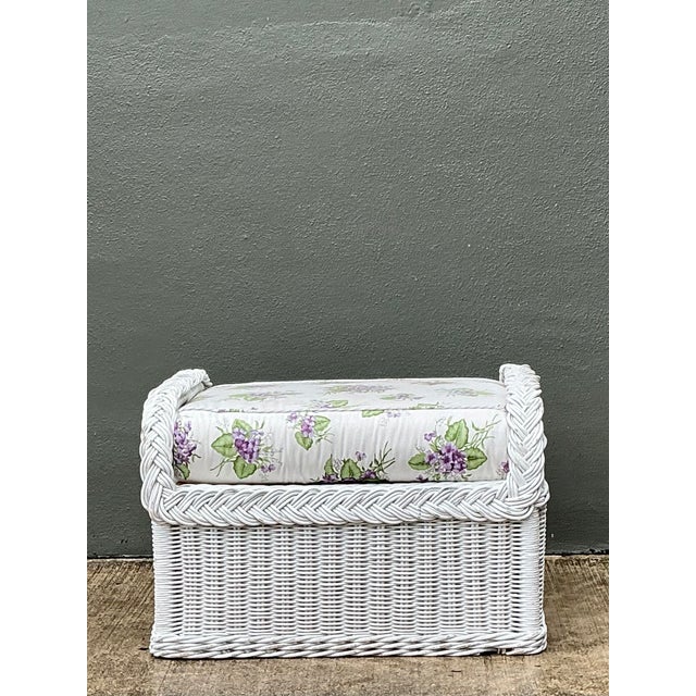 Lexington Furniture Vintage Braided White Rattan Ottoman For Sale - Image 4 of 12