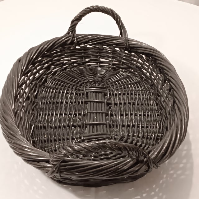 Mid 20th Century Vintage Large French Natural Hand Woven Black Wicker Serving Tray For Sale - Image 9 of 12