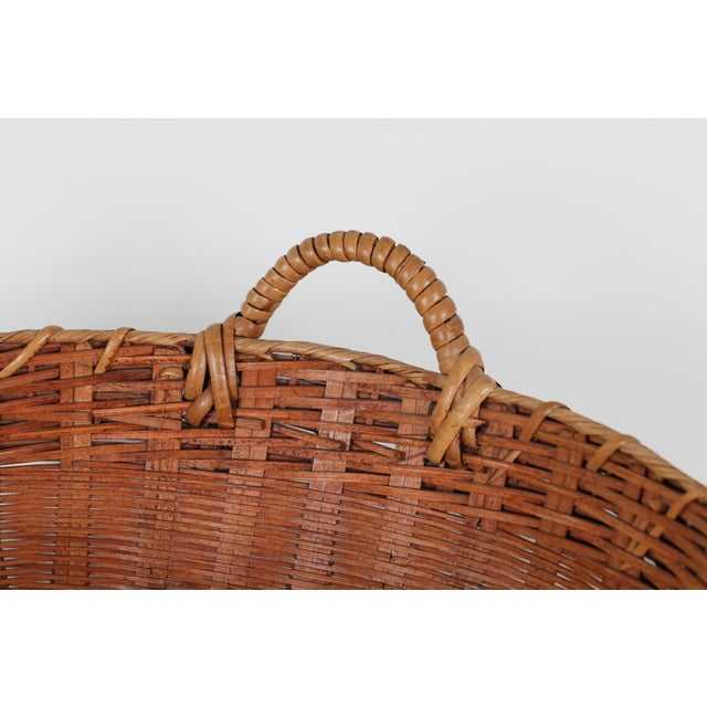 Wood Mid-Century Chinese Large Bamboo & Rattan Woven Basket With Handles For Sale - Image 7 of 15