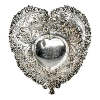 Repoussé Pierced Jewelry Tray Antique Gorham Sterling Silver Heart Catchall Dish Luxury Home Decor For Sale