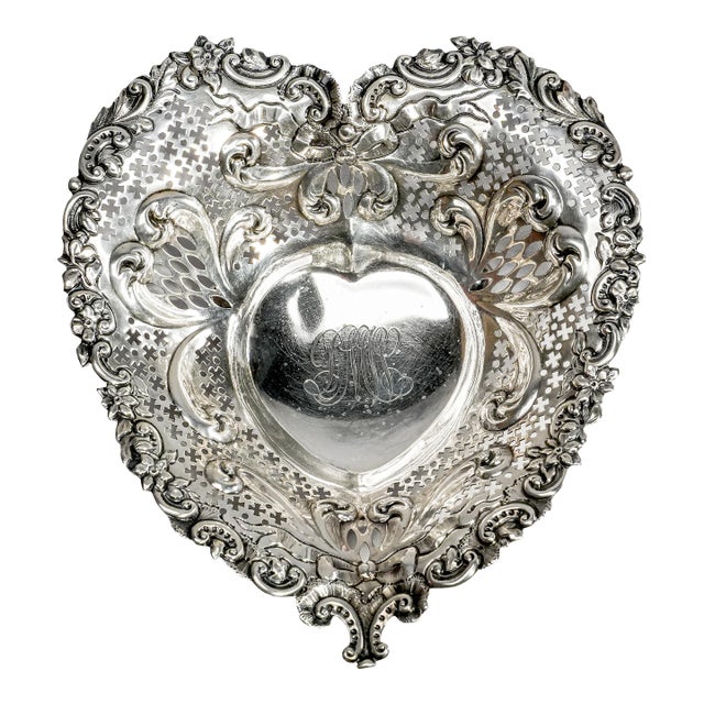 Repoussé Pierced Jewelry Tray Antique Gorham Sterling Silver Heart Catchall Dish Luxury Home Decor For Sale