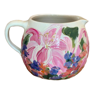Hand‑Painted Artisan Floral Pitcher by Beth Sartin for Marshall Pottery, 2003 – Signed Texas Folk Art. Cottage Core Decor & Collector Piece