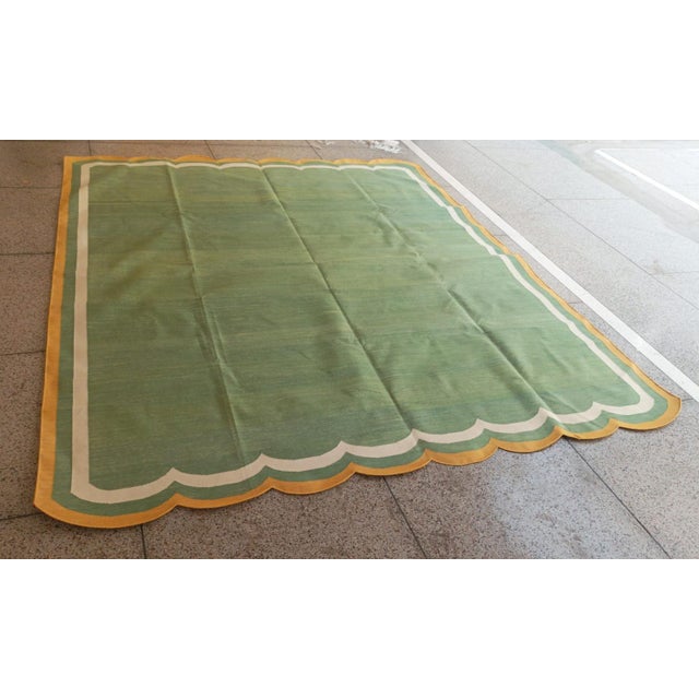 Handmade Cotton Area Scalloped Dhurrie, Moss Green, Cream and Mustard Border Rug-10'x14' For Sale - Image 10 of 13