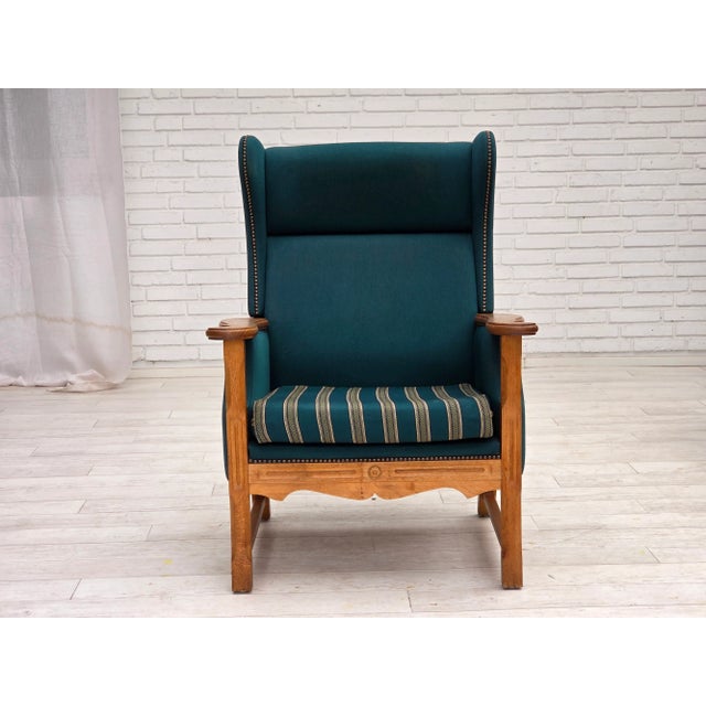 1970s, Danish highback armchair. Turkis green furniture wool, solid oak wood. Original very good condition: no smells, no...
