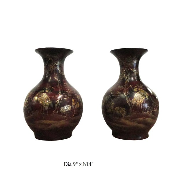 Wood Chinese Brown Gold Scenery Decorative Vases - Pair For Sale - Image 7 of 7