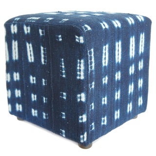 Vintage African Indigo Mudcloth Cube Ottoman For Sale
