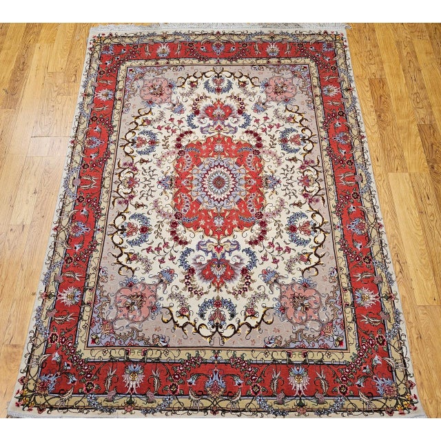 Cream Vintage Persian Tabriz Area Rug, Hand-Knotted Wool & Silk, Floral Pattern, Ivory & Salmon, 5x7 For Sale - Image 8 of 16