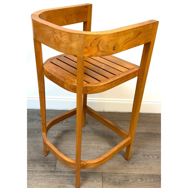 Pair Architectural Solid Teak Bar Stools Attributed to Palecek, Organic Modern For Sale - Image 4 of 14