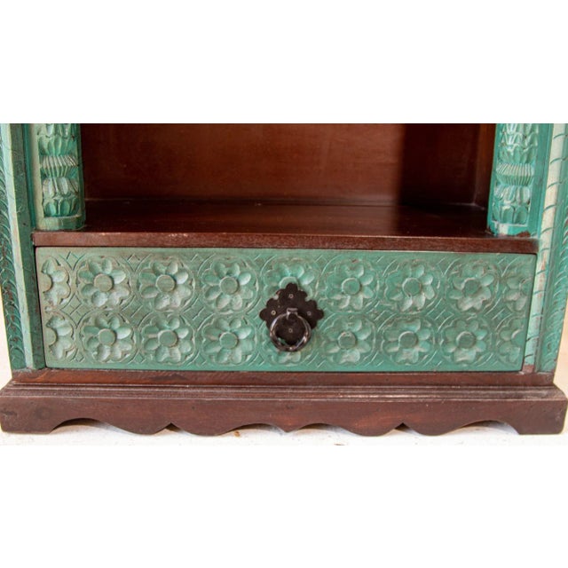 Hand-Carved Arch Bookshelf Wooden Cabinet in Rustic Blue For Sale - Image 12 of 13