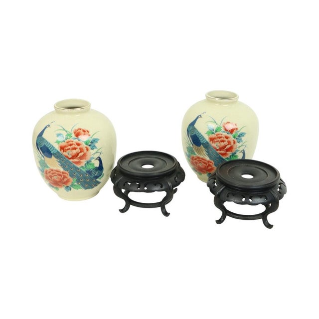 Japanese Vases Peacock Flowers Crackle in Ceramic, 1960s, Set of 2 For Sale - Image 11 of 18