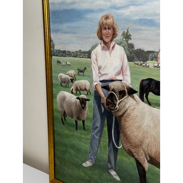 Realism British Oil Portrait Painting Camilla Parker Bowles at Wiltshire Farm Prized Sheep & Horses, Signed Diana Douglas Hamilton Dated 2002 For Sale - Image 3 of 12