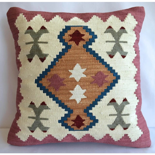 Hand Woven Silk Pillow Cover Traditional Turkish Kilim Pattern Throw Pillow - 16″ X 16″ For Sale - Image 6 of 6