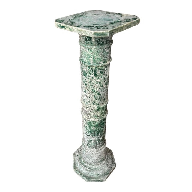 An Early 20th Century Green Varigated Marble Column With Reeded Bands and Octagonal Base For Sale - Image 4 of 12