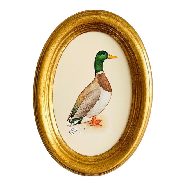 Original Hand-Painted Mallard Miniature Painting in an Italian Vintage Frame For Sale