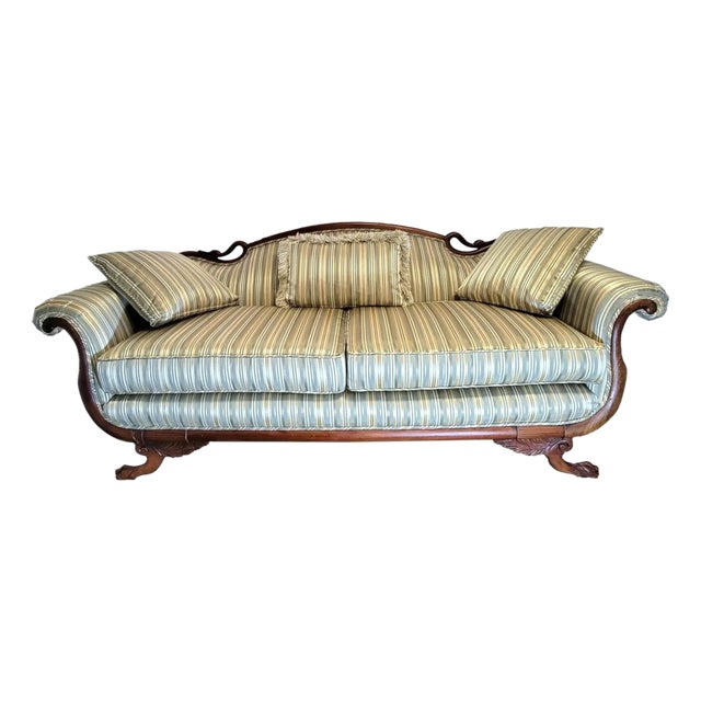 Antique American Classical Empire Revival Mahogany Swan-Neck Sofa With Paw Feet For Sale