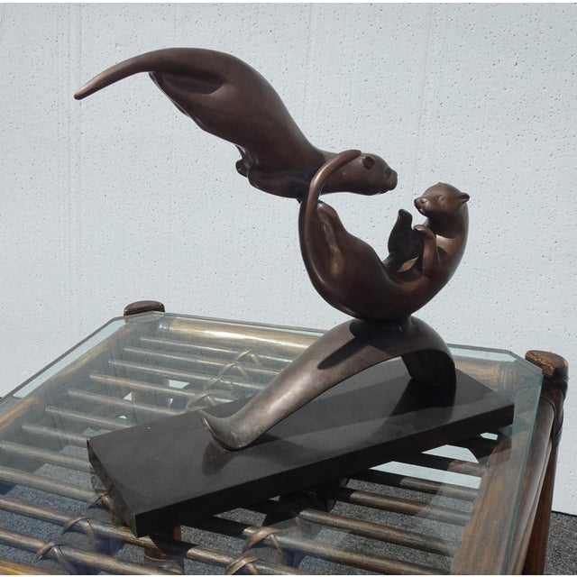 Metal Vintage Bronze Balancing Swimming Otters Statue ~ Sculpture For Sale - Image 7 of 15