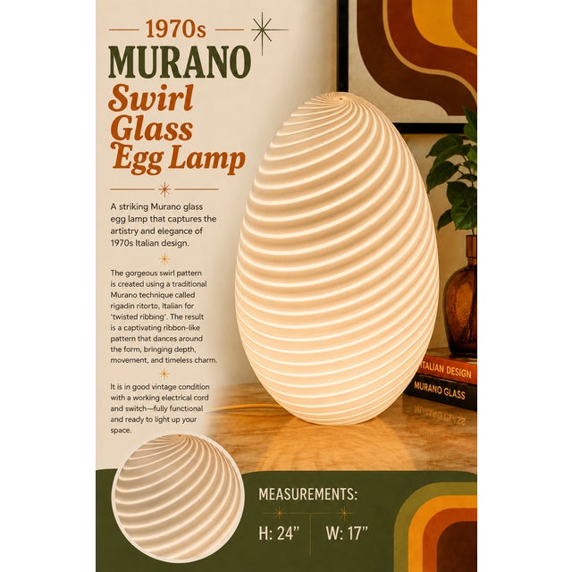 Rare- Mid-Century Find: Murano Swirl Glass Egg Lamp For Sale In New York - Image 6 of 6