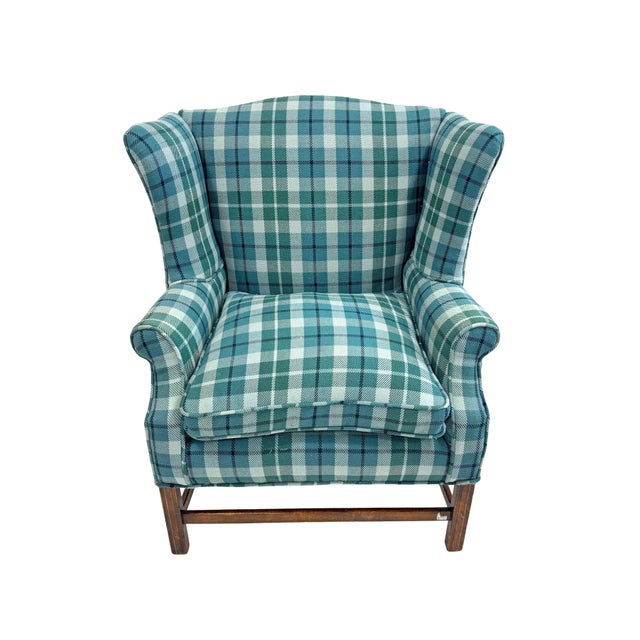 Chippendale Style Upholstered Wing Chair, custom woven plaid upholstery, mahogany cross stretcher base.