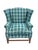 Chippendale Style Upholstered Wing Chair, custom woven plaid upholstery, mahogany cross stretcher base.