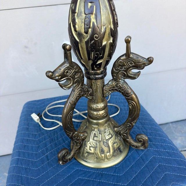 Metal Mid 20th Century Chinese Archaistic Cast Brass Dragon Table Lamp - Attributed to James Mont For Sale - Image 7 of 18