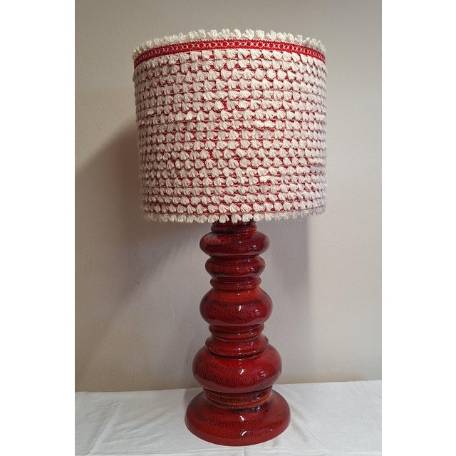 Large Vintage German Table Lamp with Red Ceramic Base and Handmade Fabric Shade from Lamplove, 1970s, in Very Good...
