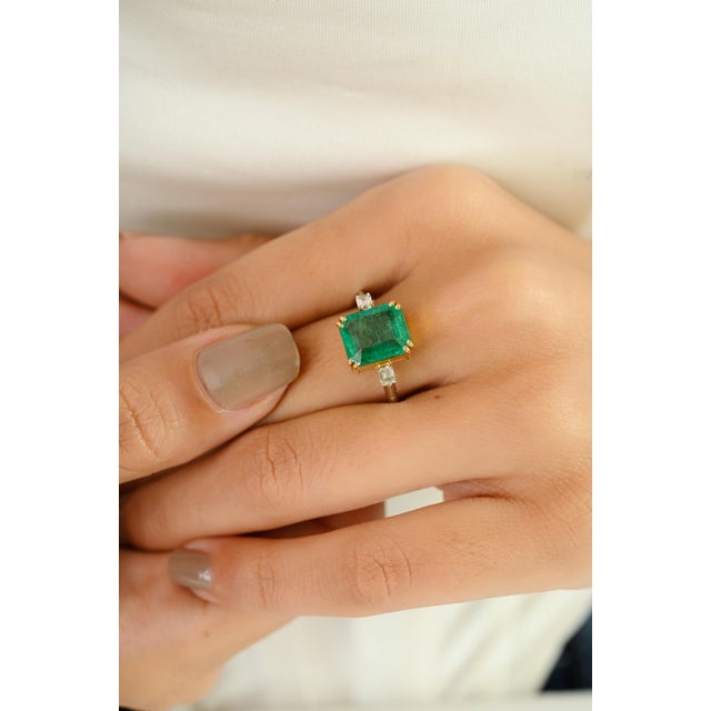 Not Yet Made - Made To Order Two Tone 18k Gold Genuine Emerald Three Stone Ring Size 6 For Sale - Image 5 of 13