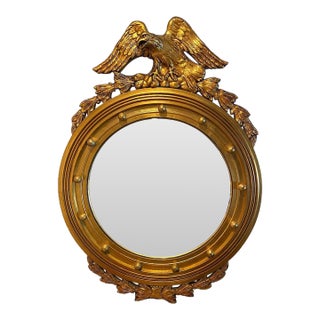 Vintage Mid Century American Federalist Style Convex Eagle Bullseye Gilt-Wood Wall Mirror For Sale