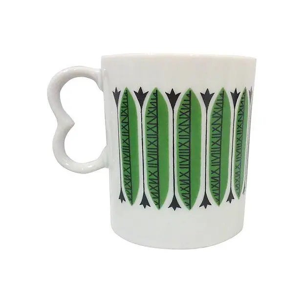 Mid-Century green porcelain Coffee cups or tea mugs with a Modernist green and black design against a white porcelain...