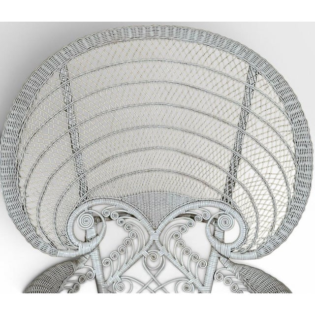 White Vintage Boho Chic White Wicker Peacock Fan Back Chairs With Custom Cushions Pair For Sale - Image 8 of 16