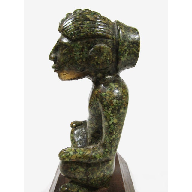 Wood Aztec-Inspired Pre-Columbian Style Seated Figure Statue on Wood Base For Sale - Image 7 of 10