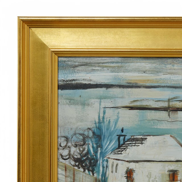 Transporting mid century acrylic painting on board of a bermuda bayscape with houses, boats, and a lone figure, executed...